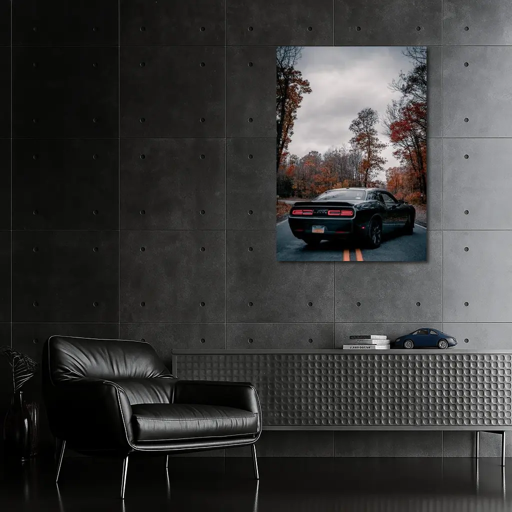 Dodge Challenger Black Muscle Car Autumn Road – Wall Art