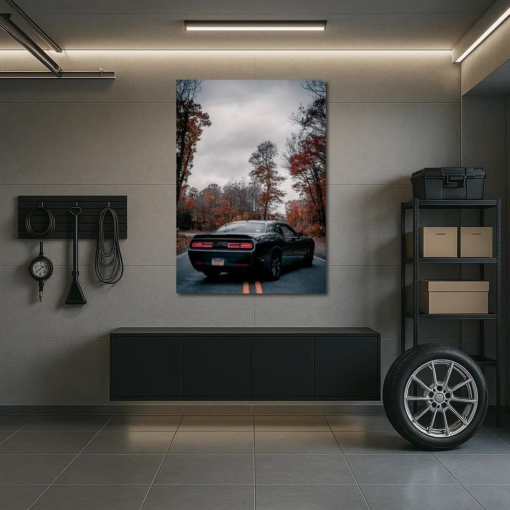 Dodge Challenger Black Muscle Car Autumn Road – Wall Art