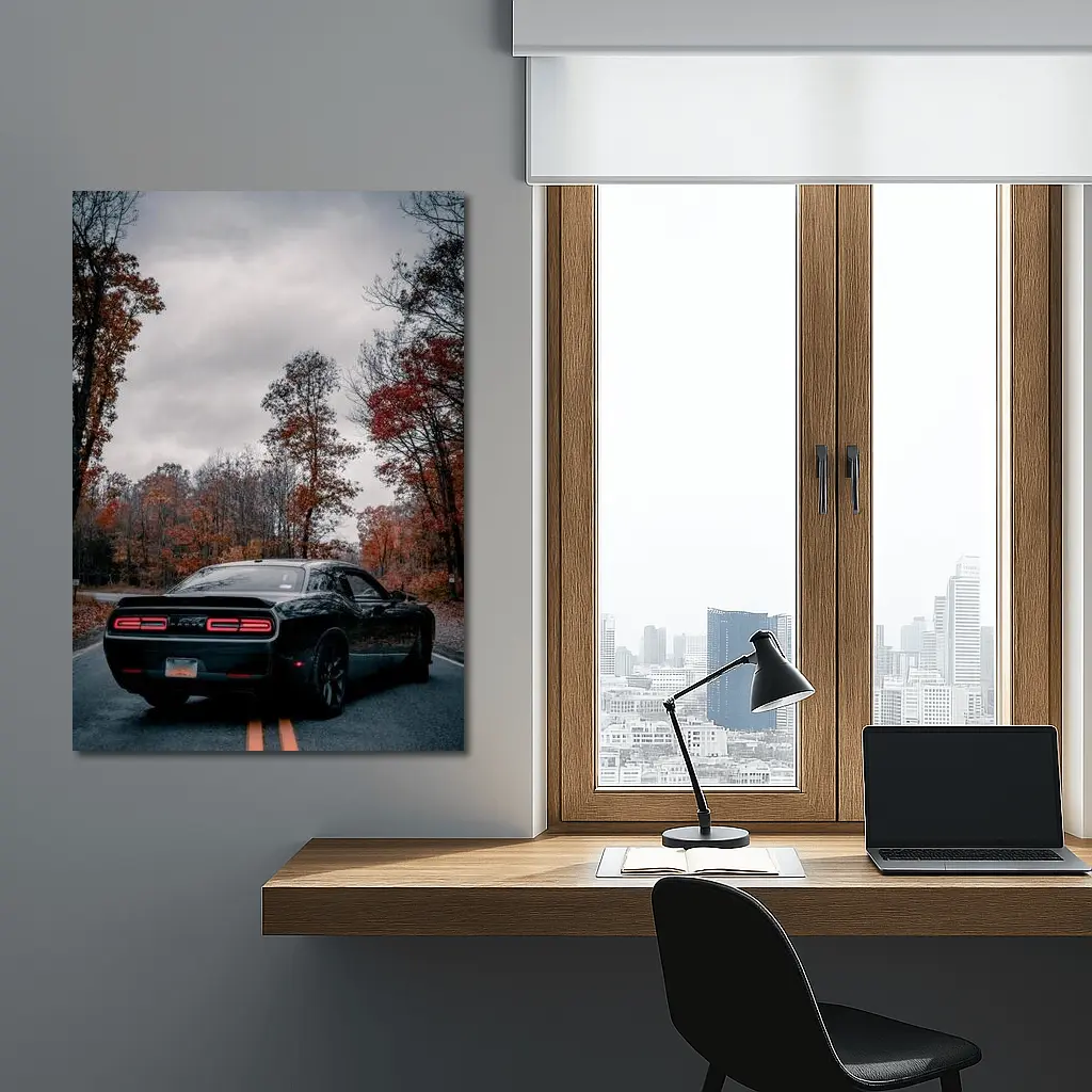 Dodge Challenger Black Muscle Car Autumn Road – Wall Art