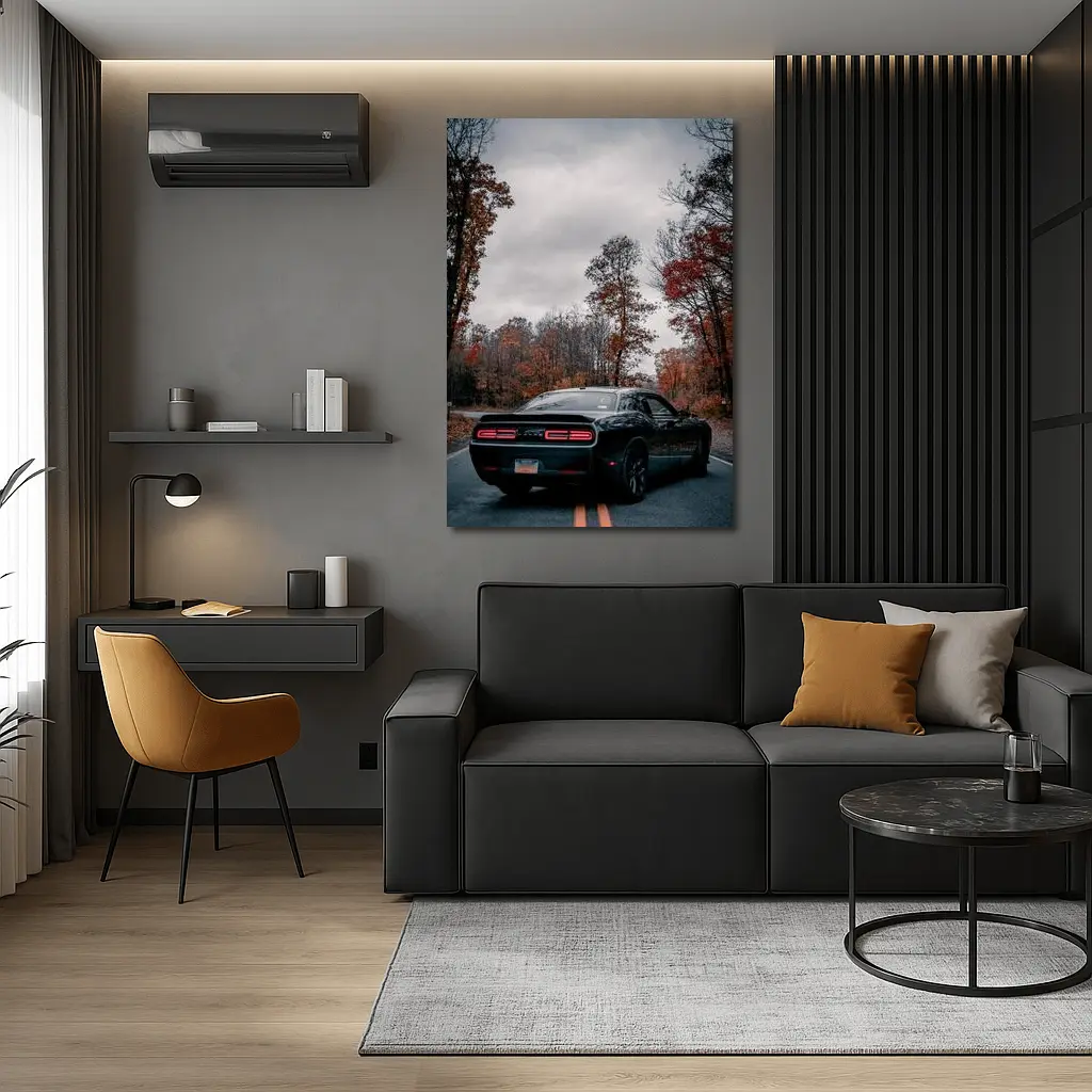 Dodge Challenger Black Muscle Car Autumn Road – Wall Art