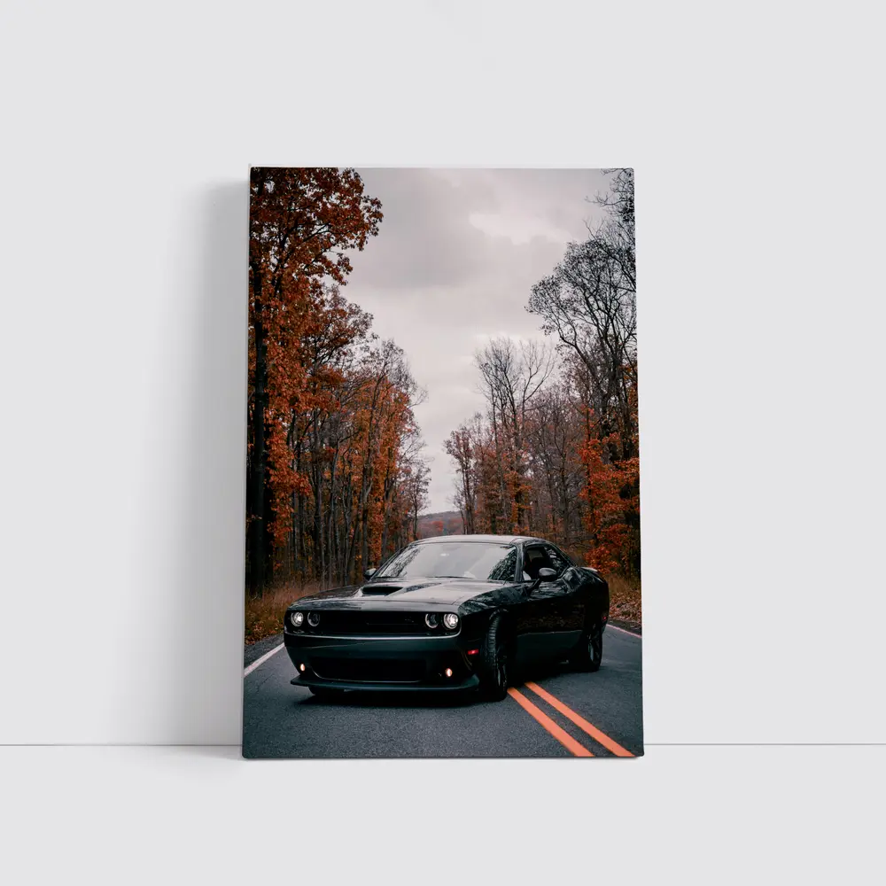 Dodge Challenger Black Muscle Car Autumn Road – Wall Art
