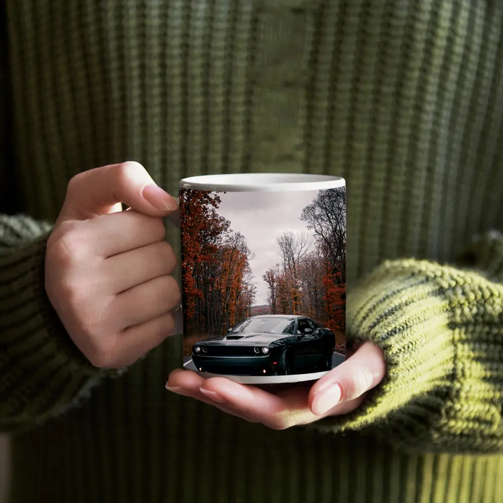 Dodge Challenger Black Muscle Car Autumn Road – Mugs