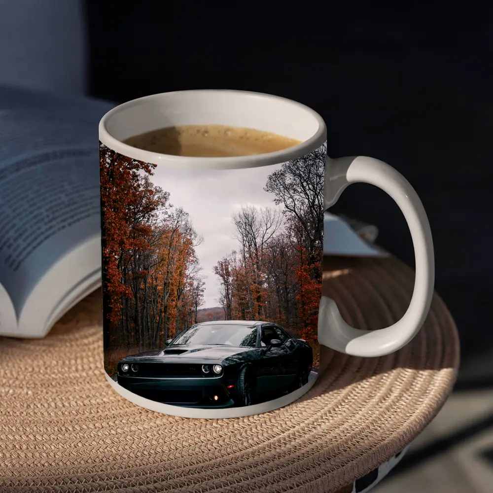 Dodge Challenger Black Muscle Car Autumn Road – Mugs
