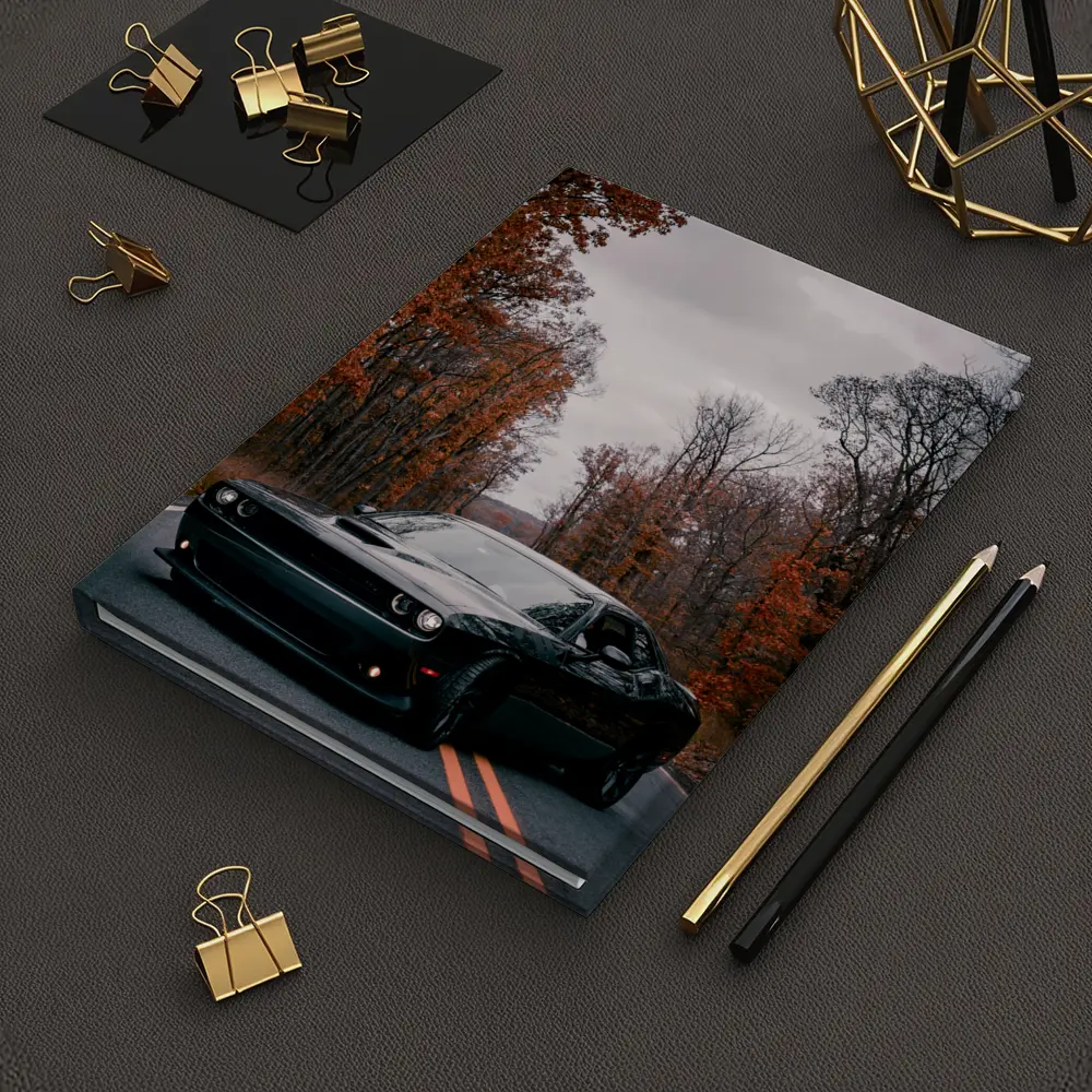 Dodge Challenger Black Muscle Car Autumn Road – Notebooks