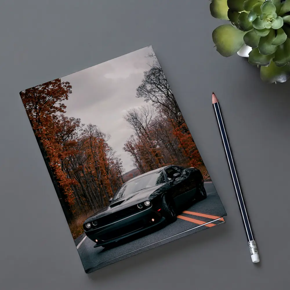 Dodge Challenger Black Muscle Car Autumn Road – Notebooks
