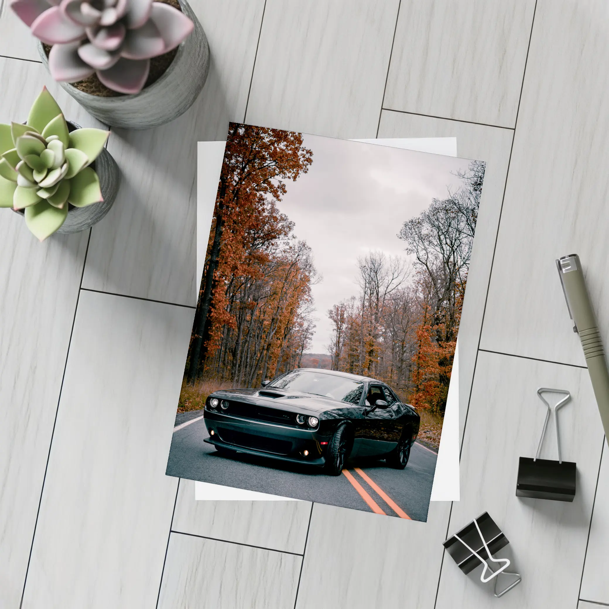 Dodge Challenger Black Muscle Car Autumn Road – Postcards