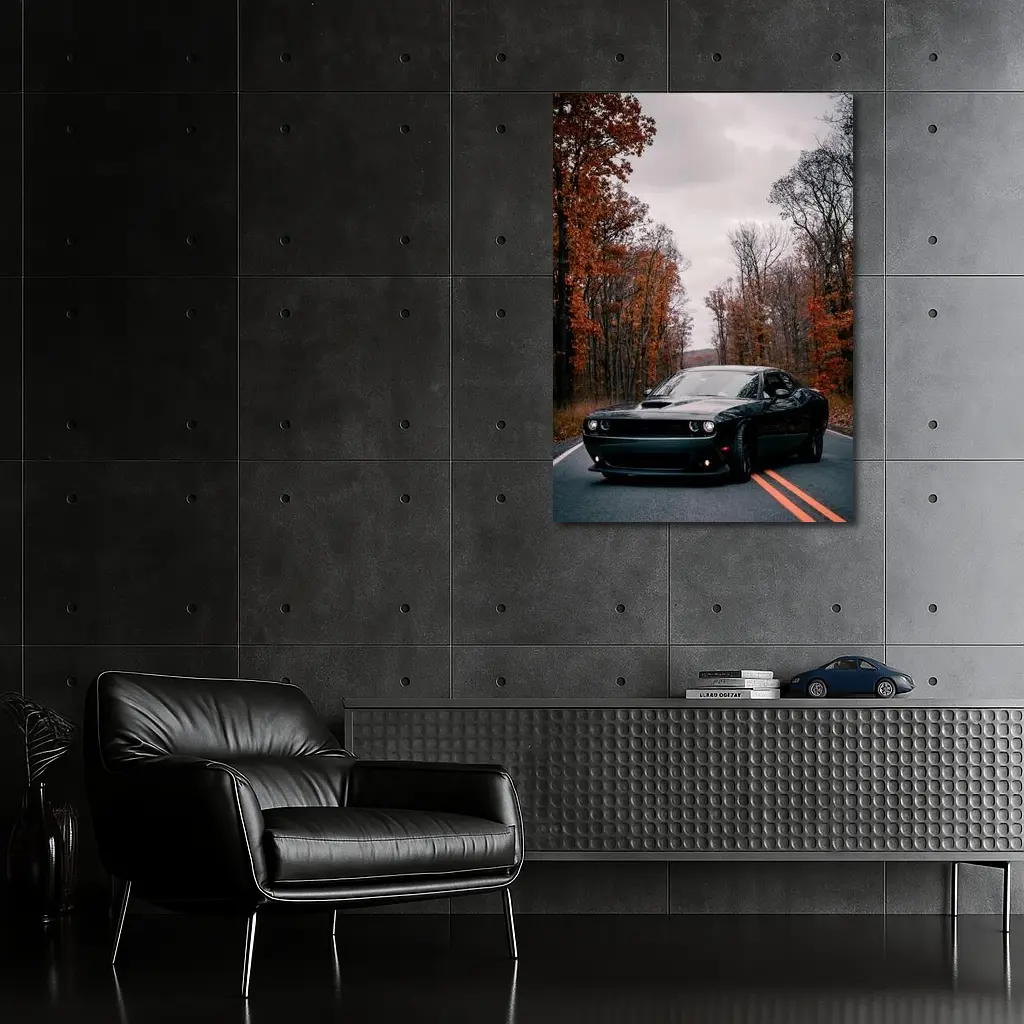 Dodge Challenger Black Muscle Car Autumn Road – Wall Art