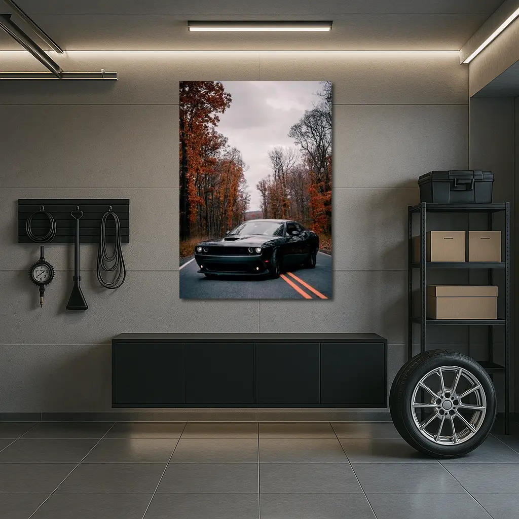 Dodge Challenger Black Muscle Car Autumn Road – Wall Art