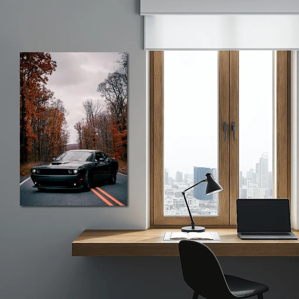 Dodge Challenger Black Muscle Car Autumn Road – Wall Art