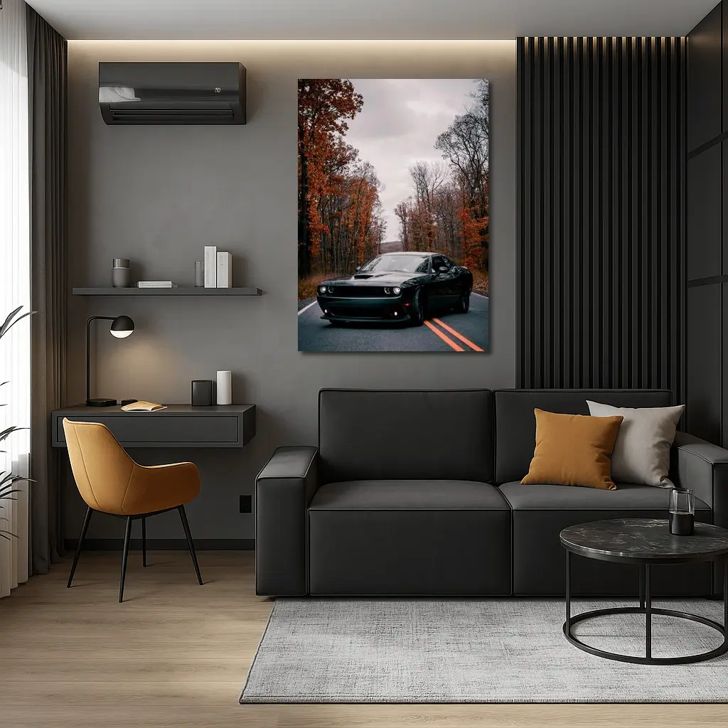 Dodge Challenger Black Muscle Car Autumn Road – Wall Art