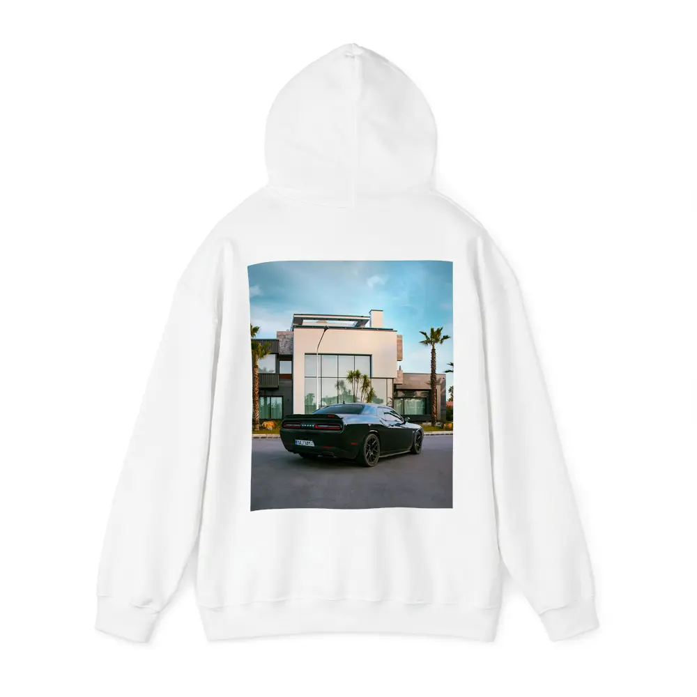 Black Dodge Challenger Parked Outside Modern Villa – Hoodies