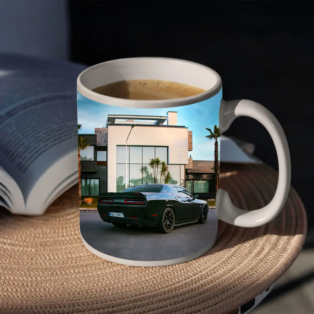 Black Dodge Challenger Parked Outside Modern Villa – Mugs
