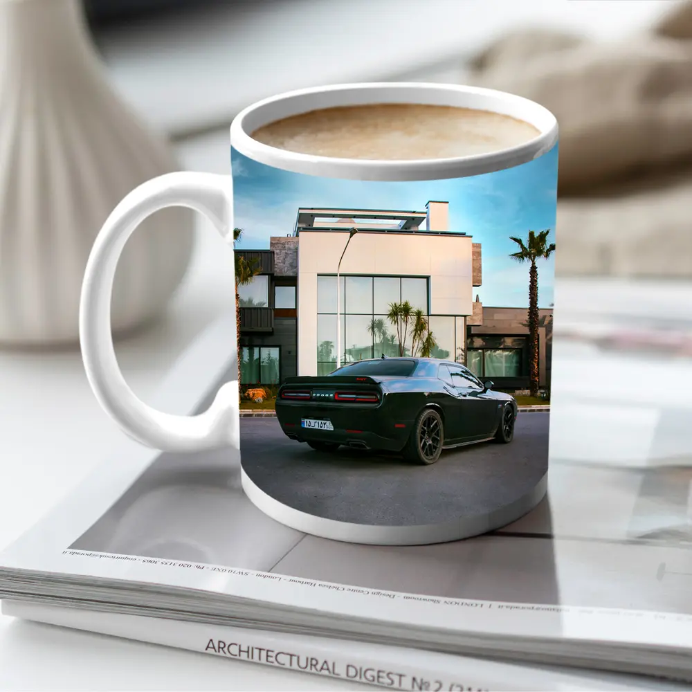 Black Dodge Challenger Parked Outside Modern Villa – Mugs