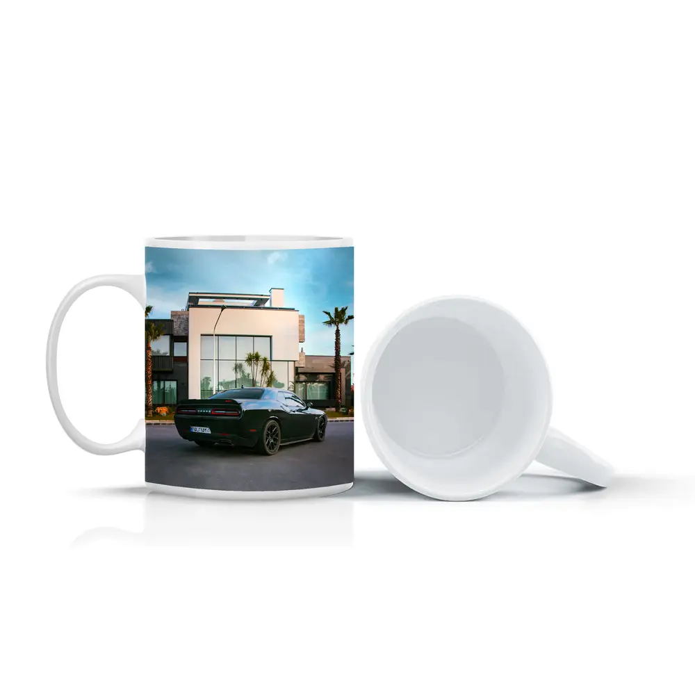 Black Dodge Challenger Parked Outside Modern Villa – Mugs