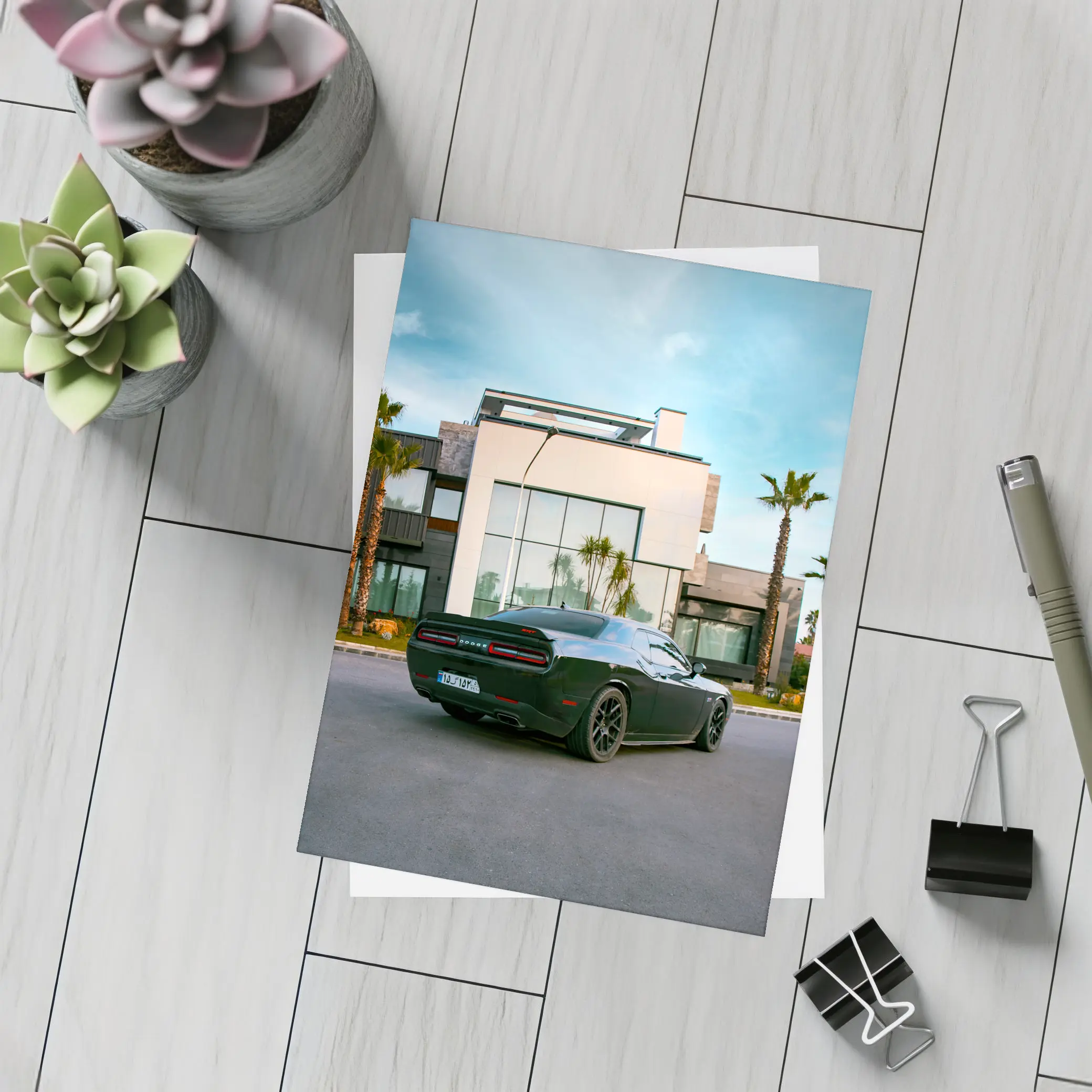 Black Dodge Challenger Parked Outside Modern Villa – Postcards