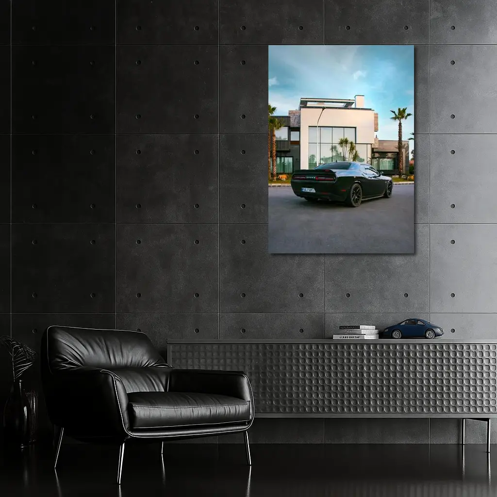 Black Dodge Challenger Parked Outside Modern Villa – Wall Art
