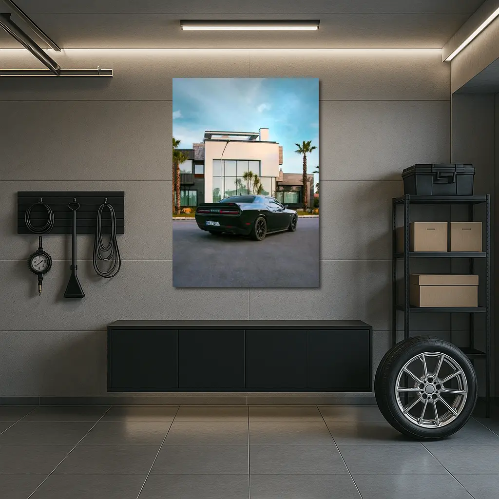 Black Dodge Challenger Parked Outside Modern Villa – Wall Art
