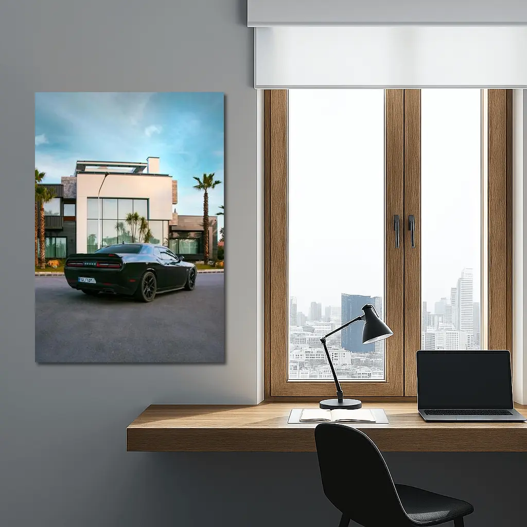 Black Dodge Challenger Parked Outside Modern Villa – Wall Art
