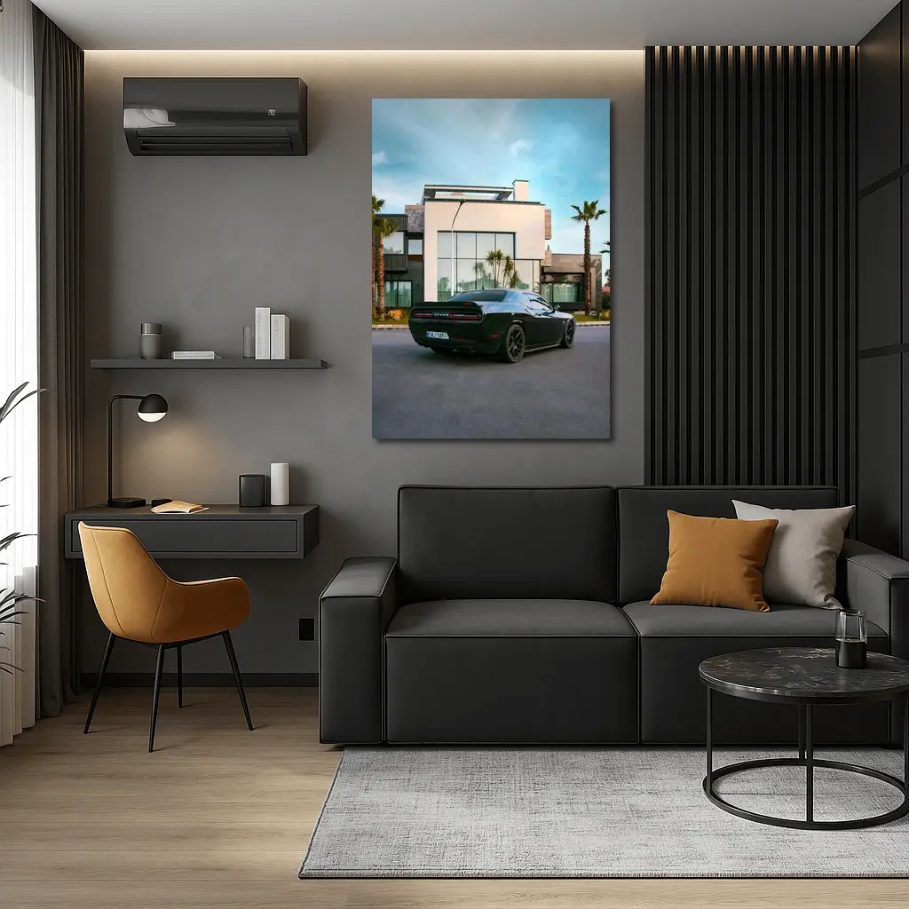 Black Dodge Challenger Parked Outside Modern Villa – Wall Art