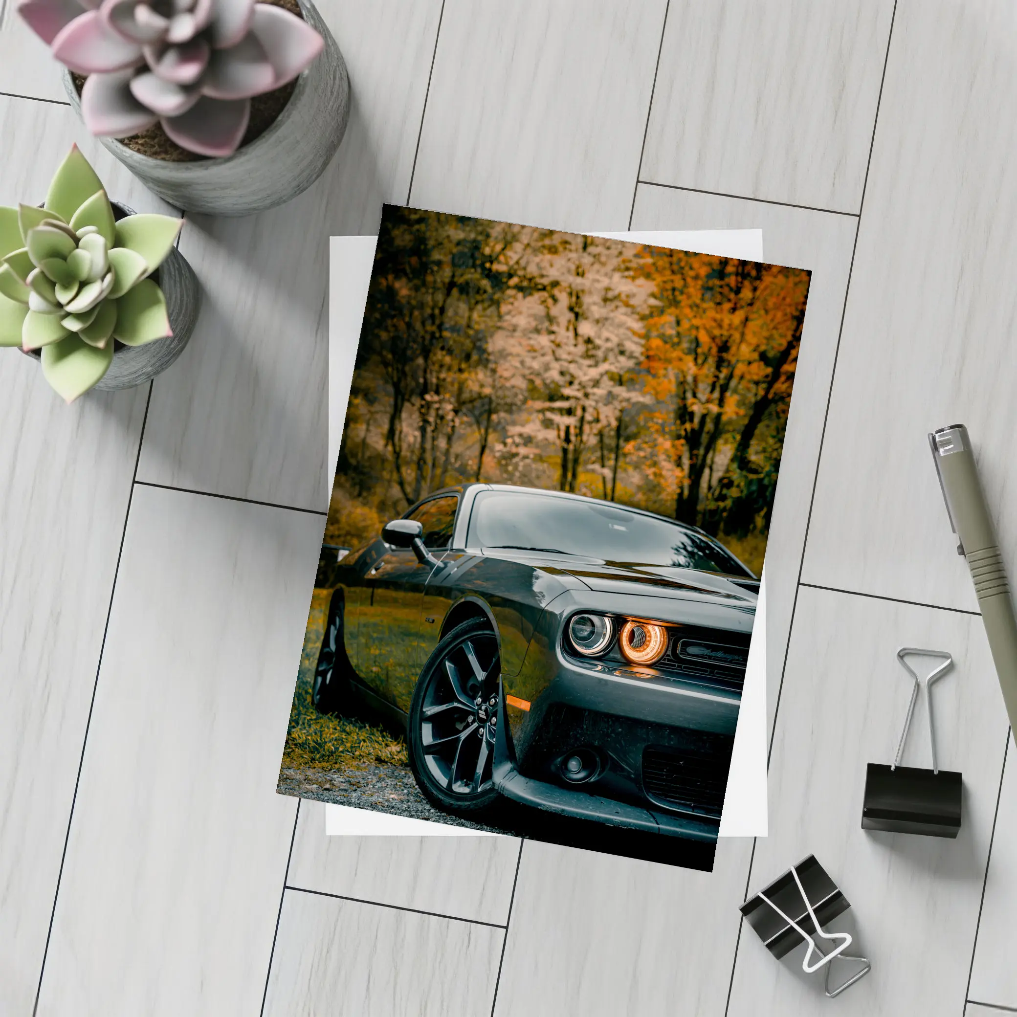 Dodge Challenger Dark Gray Autumn Forest – Postcards