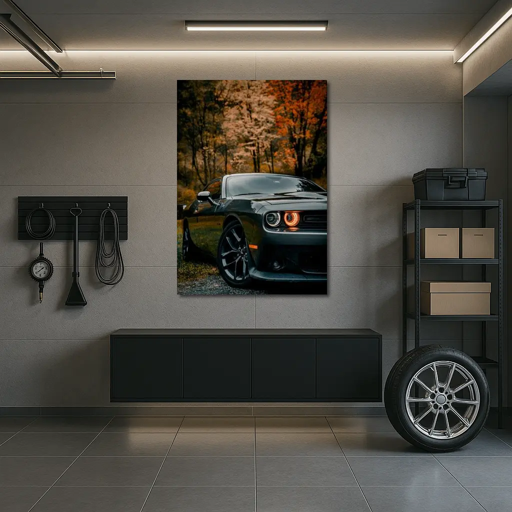 Dodge Challenger Dark Gray Autumn Forest – Wall Art