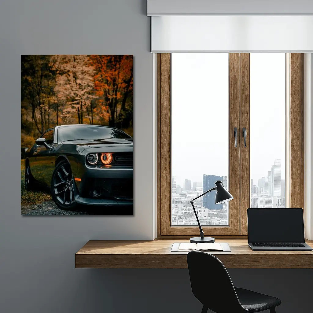 Dodge Challenger Dark Gray Autumn Forest – Wall Art