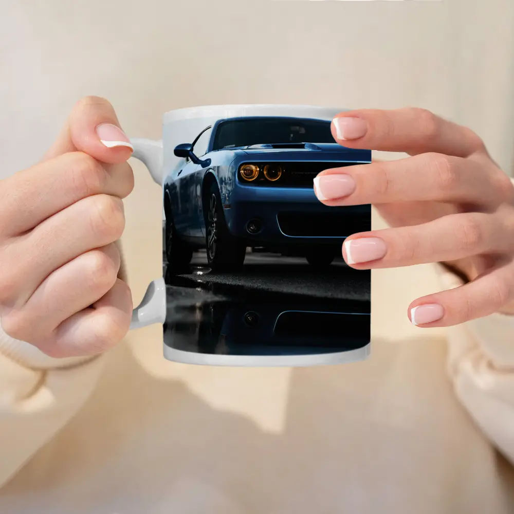 Dodge Challenger Blue Muscle Car Wet Street – Mugs