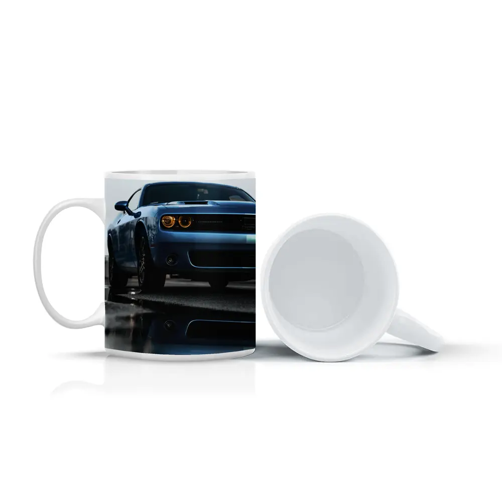 Dodge Challenger Blue Muscle Car Wet Street – Mugs