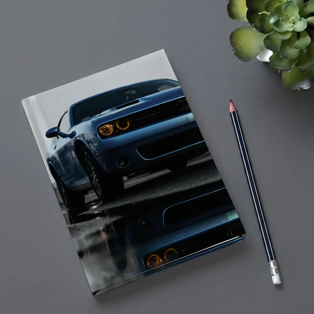 Dodge Challenger Blue Muscle Car Wet Street – Notebooks