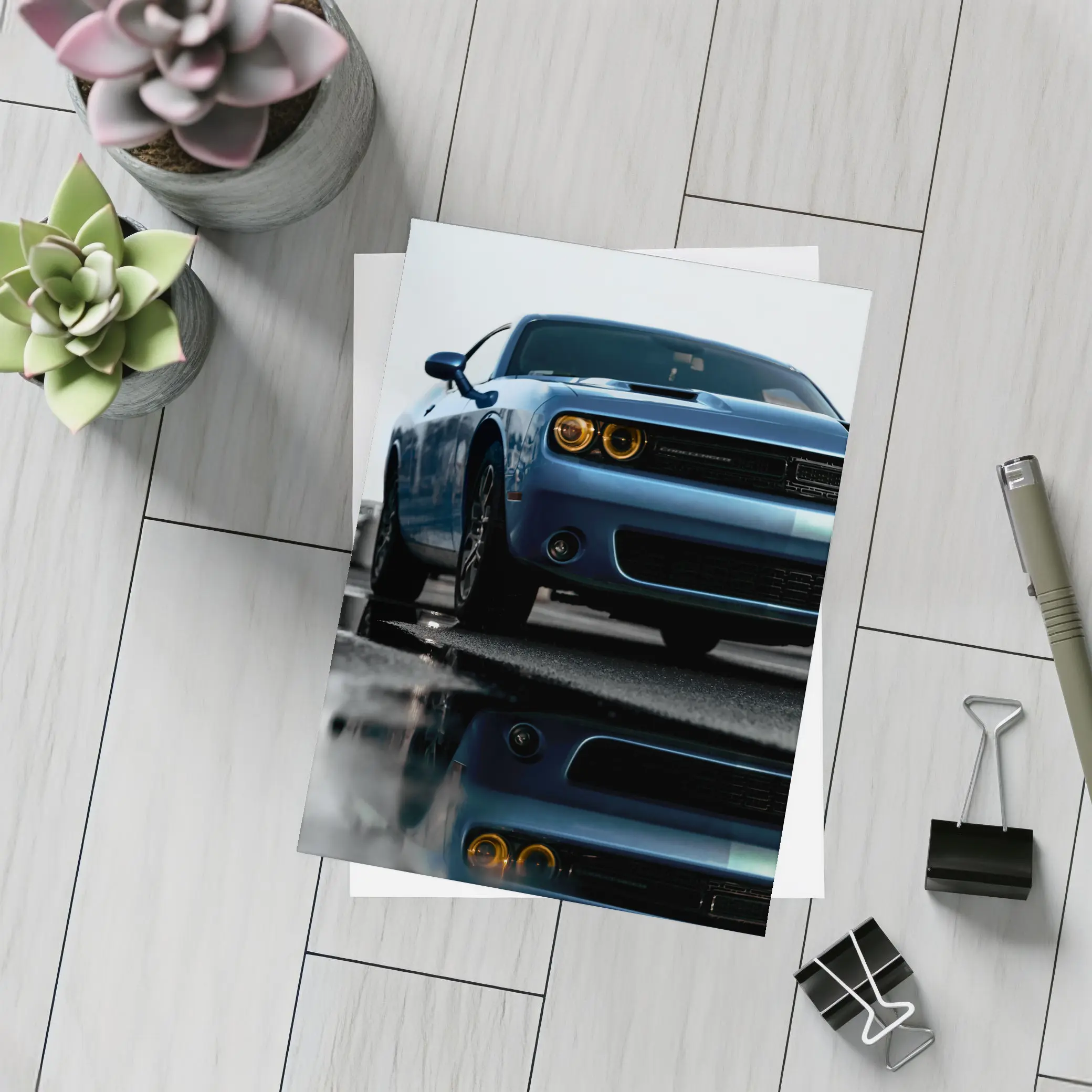 Dodge Challenger Blue Muscle Car Wet Street – Postcards