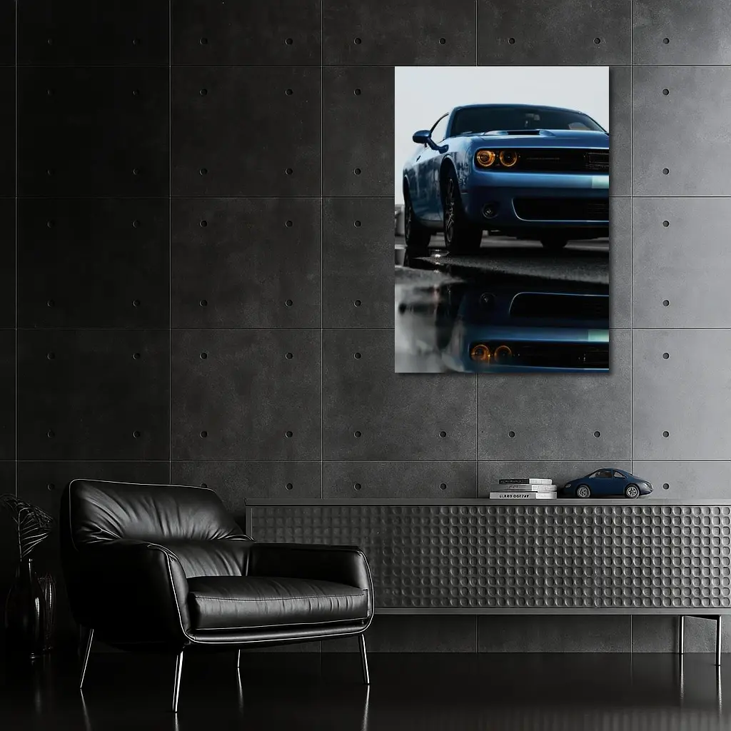 Dodge Challenger Blue Muscle Car Wet Street – Wall Art