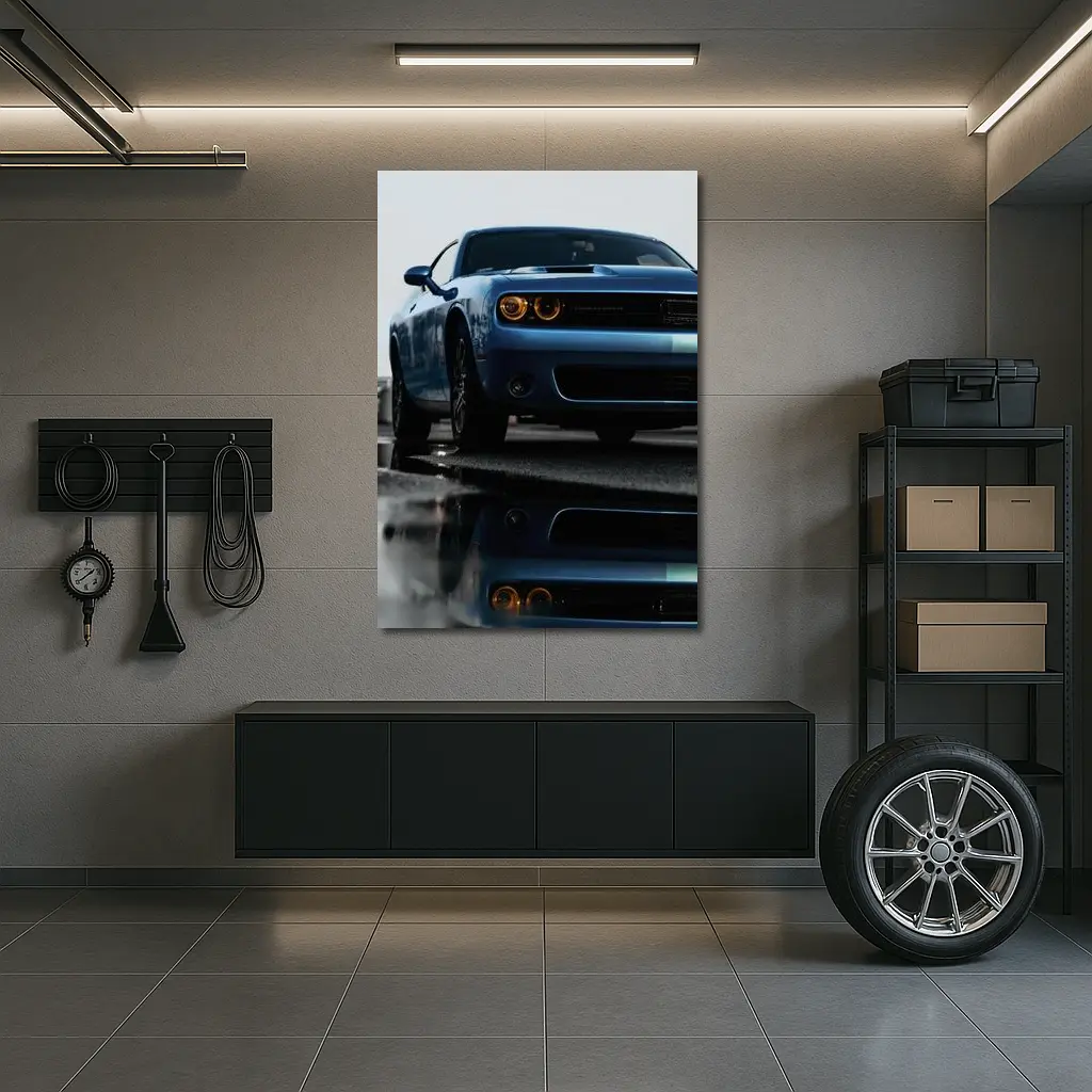 Dodge Challenger Blue Muscle Car Wet Street – Wall Art