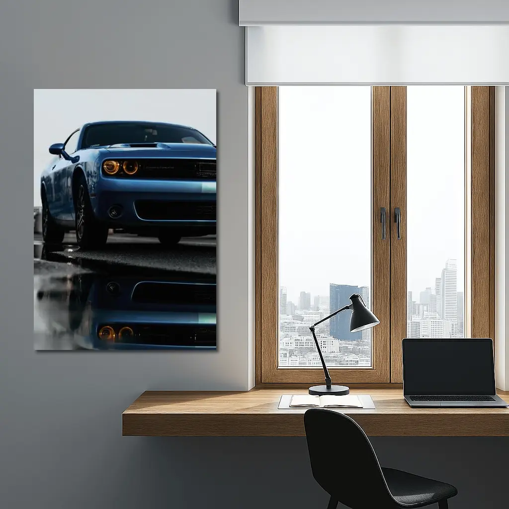 Dodge Challenger Blue Muscle Car Wet Street – Wall Art