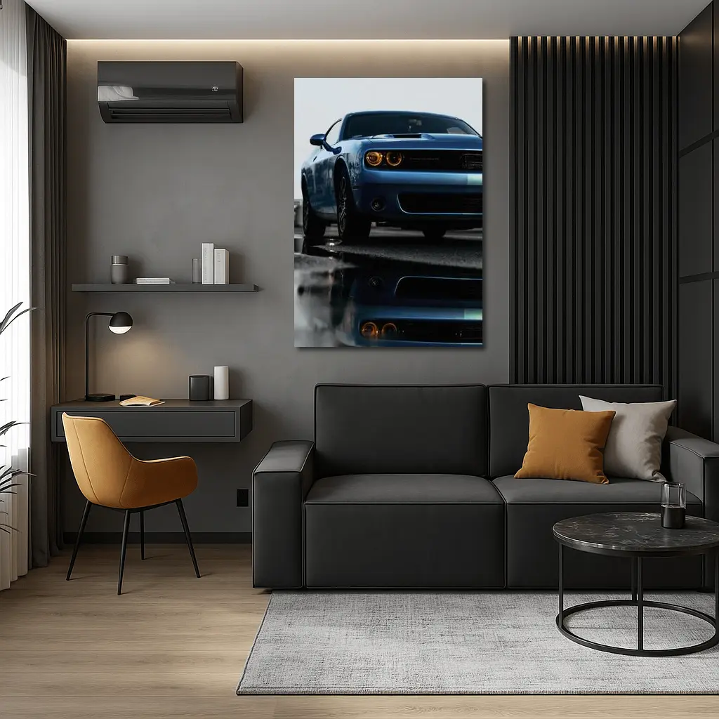 Dodge Challenger Blue Muscle Car Wet Street – Wall Art