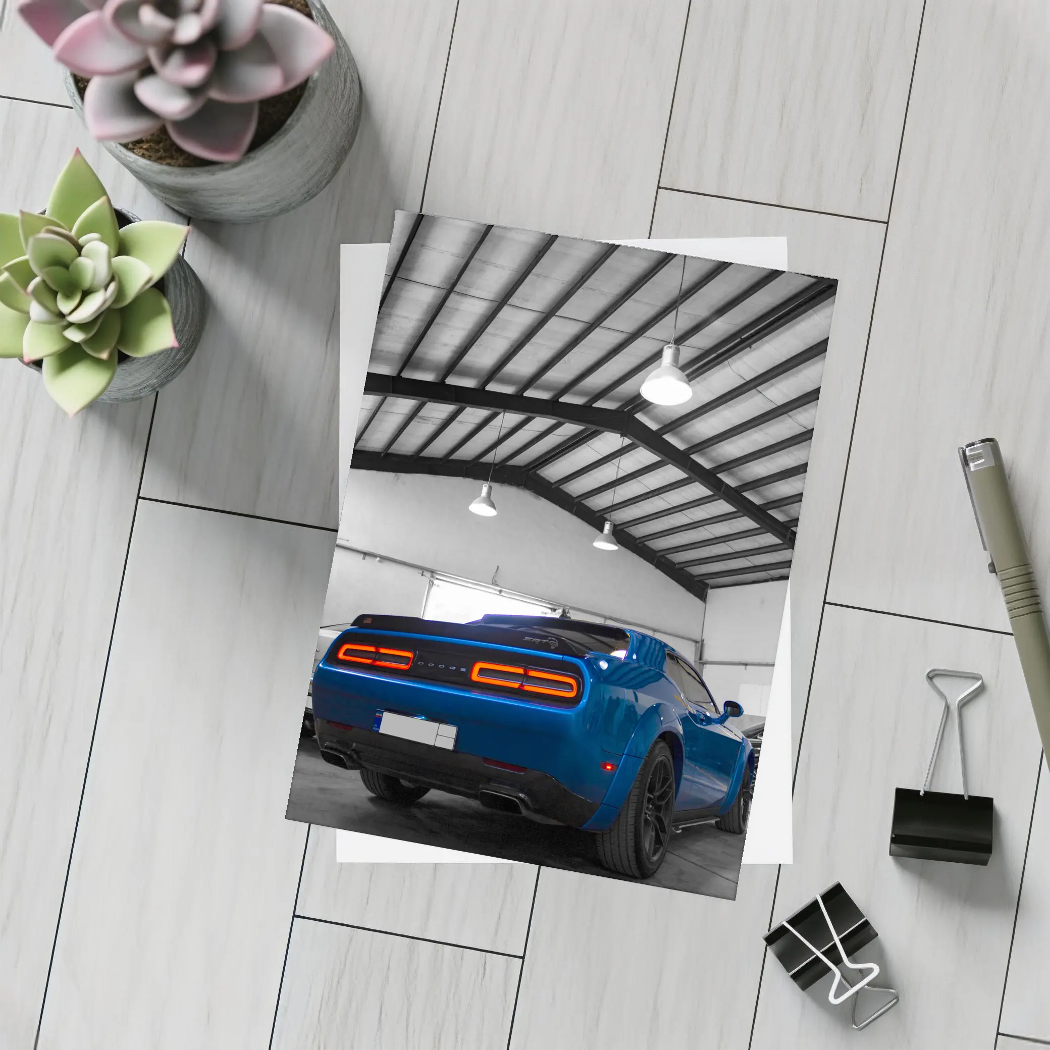 Dodge Challenger SRT Blue Garage Shot – Postcards