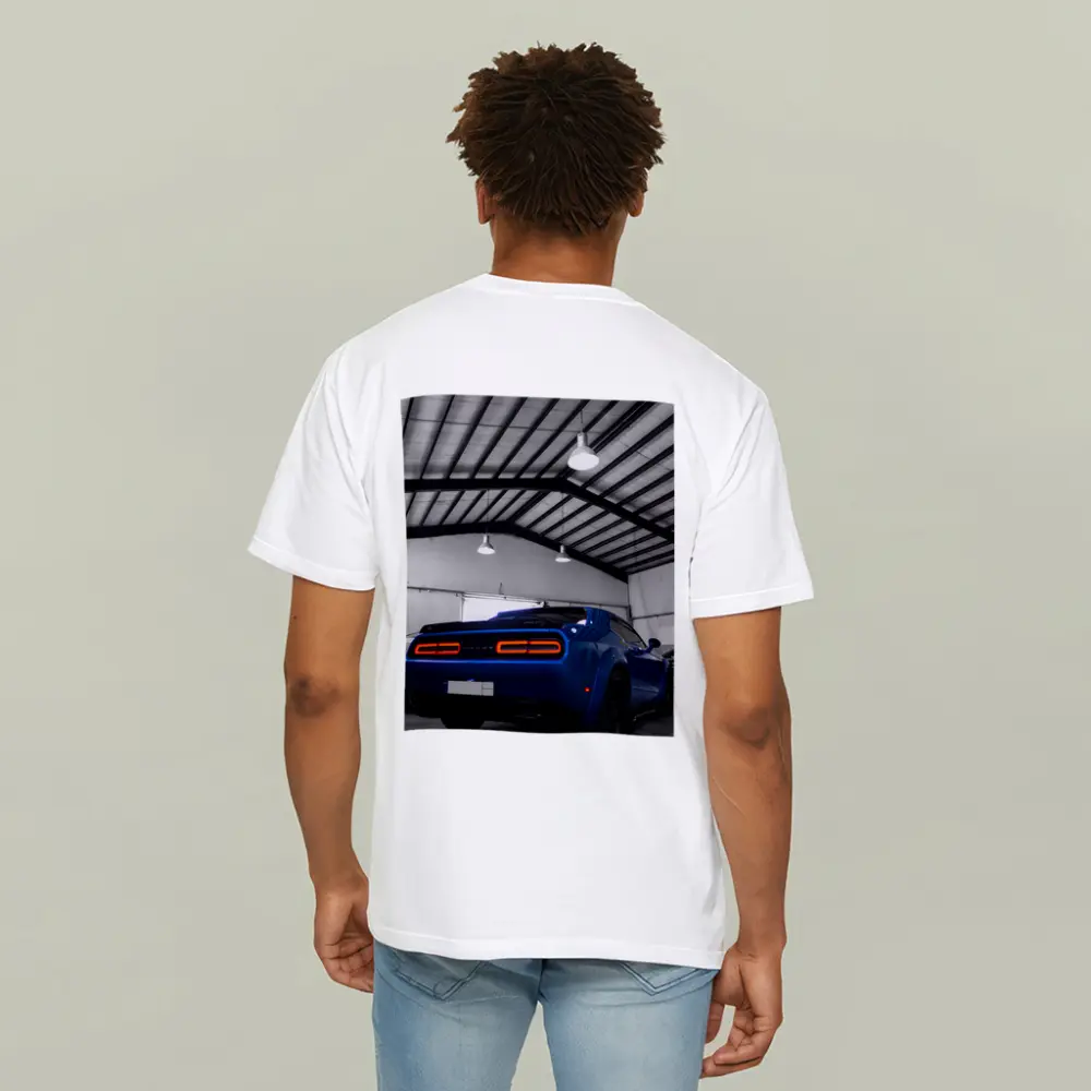 Dodge Challenger SRT Blue Garage Shot – T-Shirts