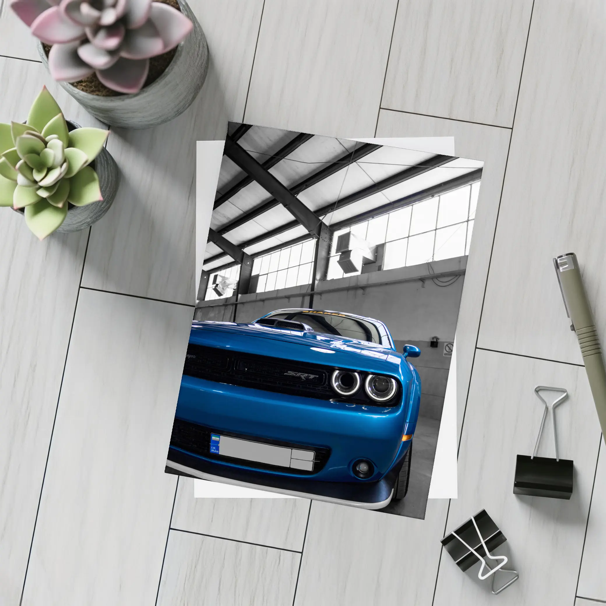 Dodge Challenger SRT Blue Garage Shot – Postcards