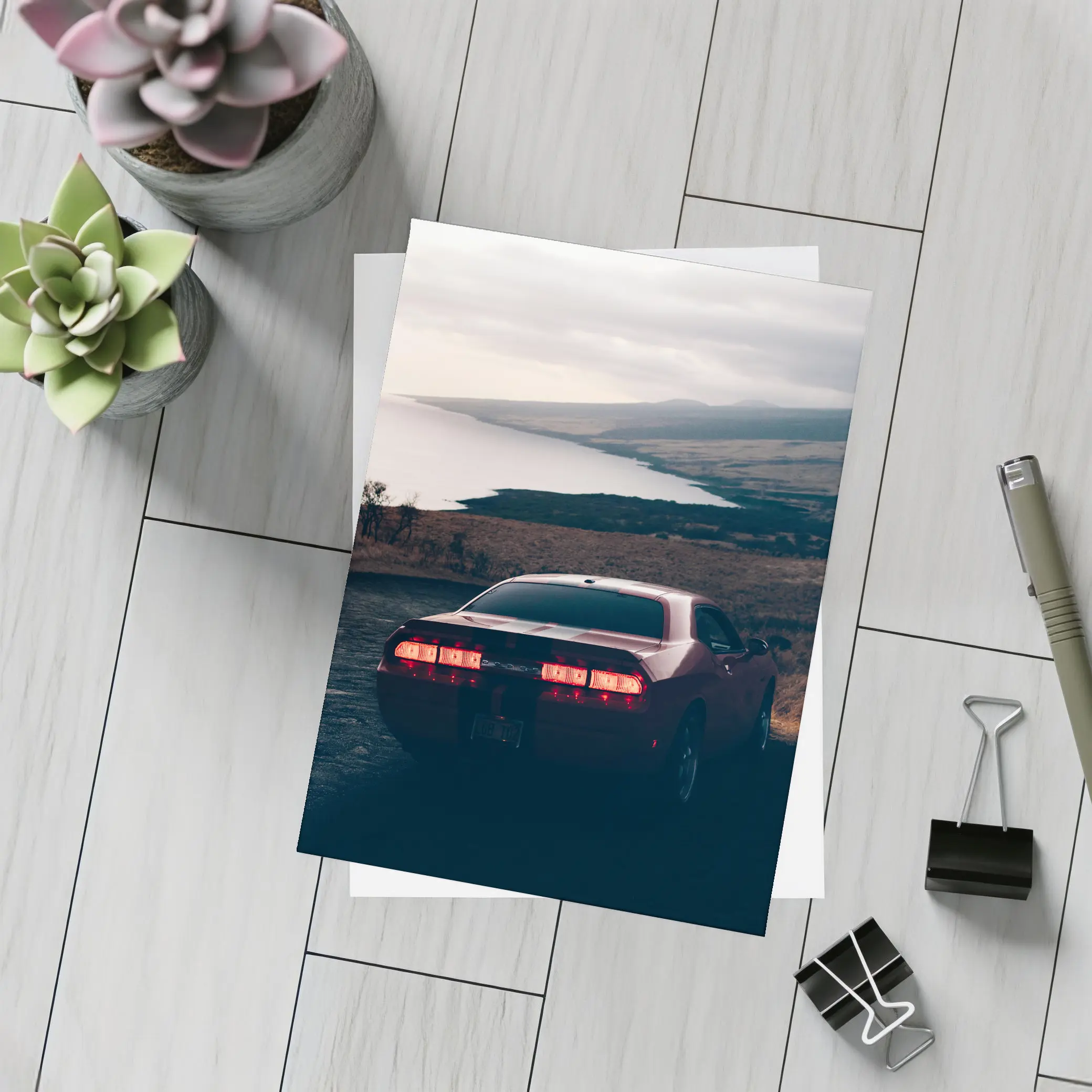 Dodge Challenger Red Taillights Coastal Road – Postcards