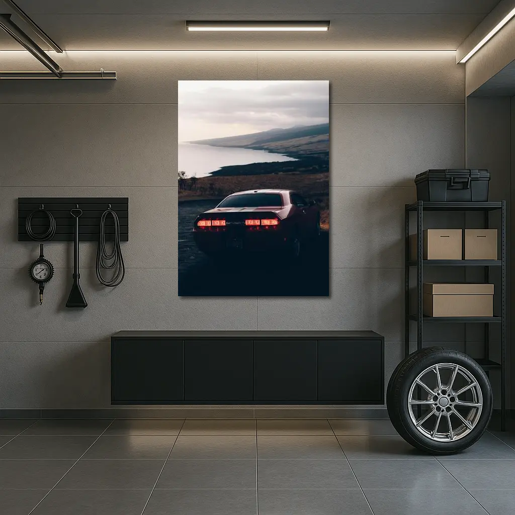 Dodge Challenger Red Taillights Coastal Road – Wall Art