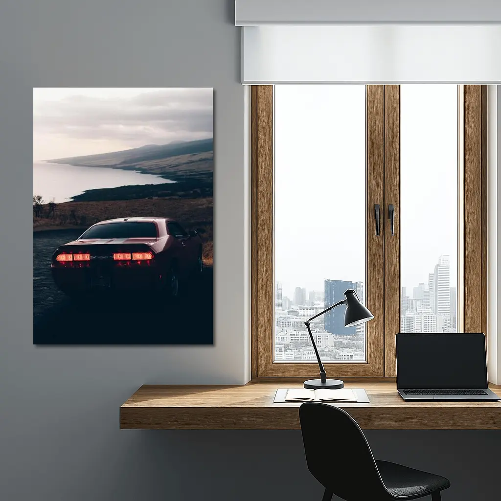 Dodge Challenger Red Taillights Coastal Road – Wall Art