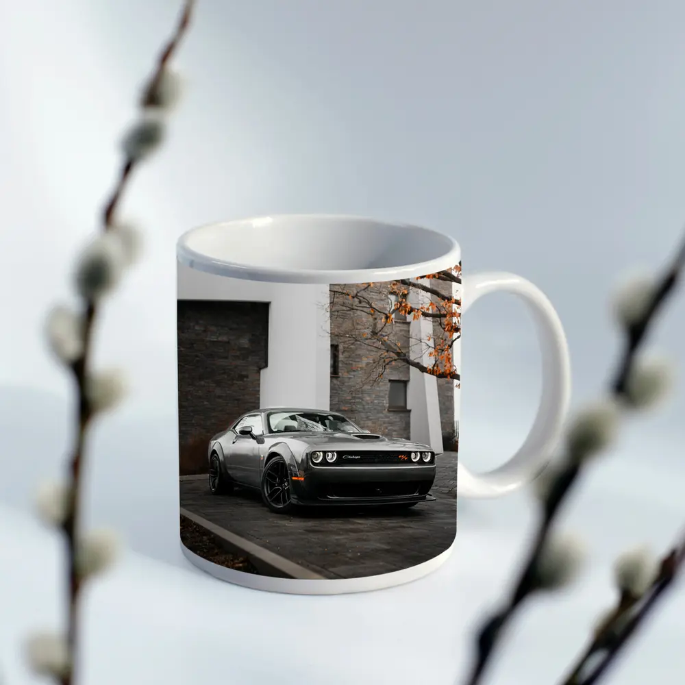 Dodge Challenger Gray Muscle Car Urban Setting – Mugs