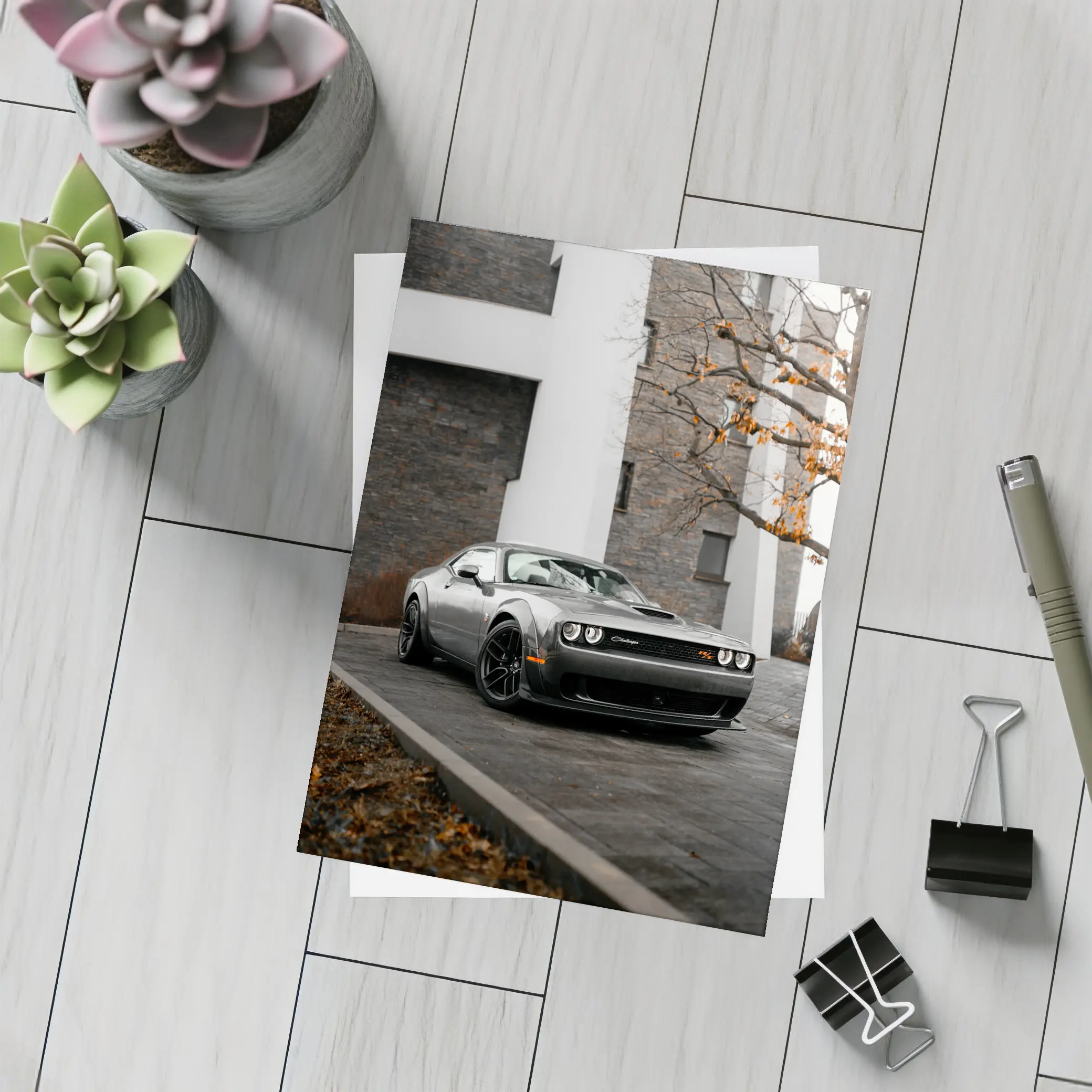 Dodge Challenger Gray Muscle Car Urban Setting – Postcards