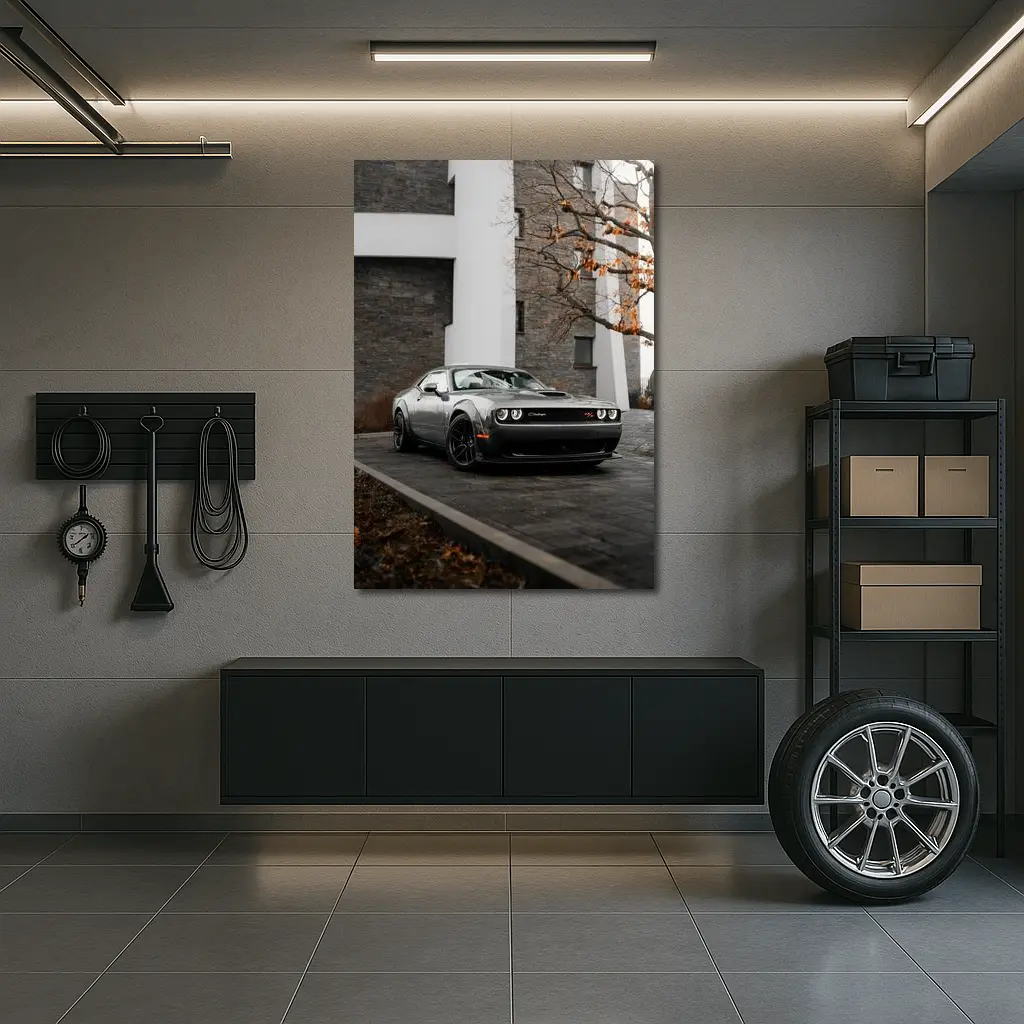 Dodge Challenger Gray Muscle Car Urban Setting – Wall Art
