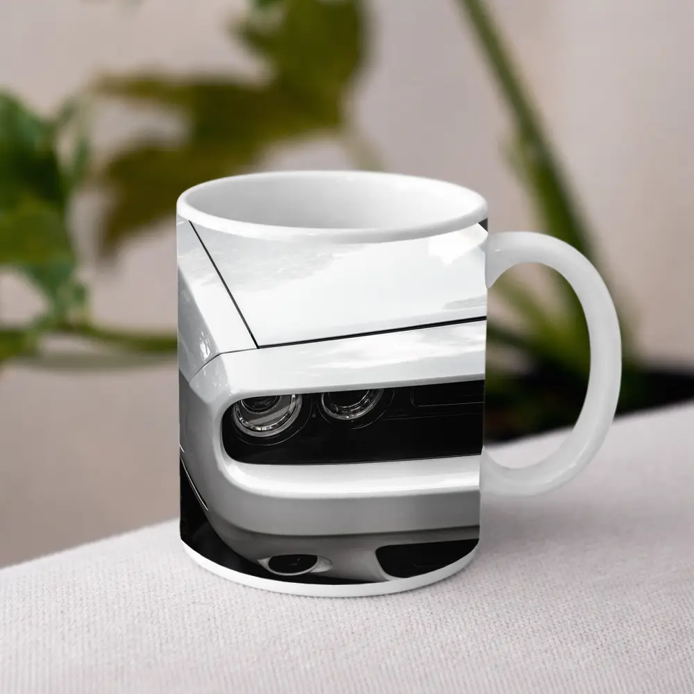 Dodge Challenger Front Close Up Black White – Mugs