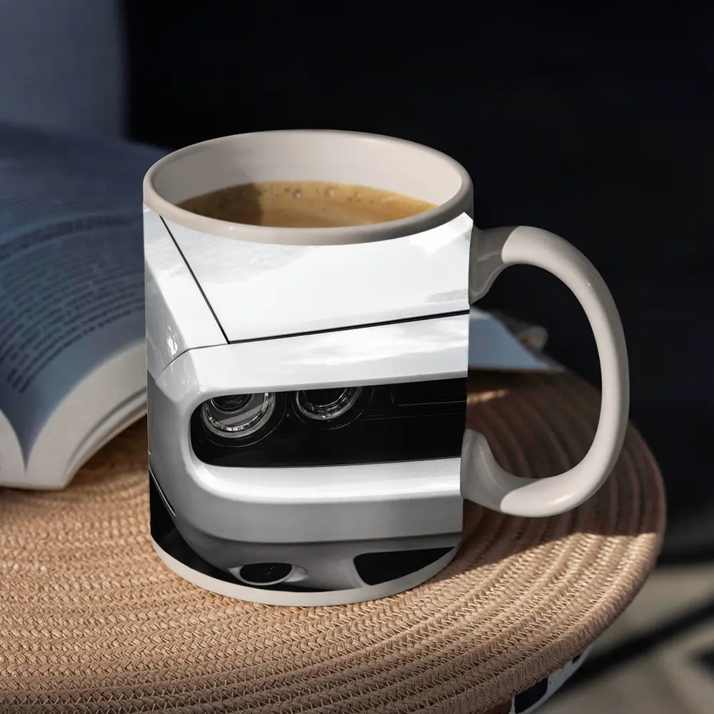 Dodge Challenger Front Close Up Black White – Mugs