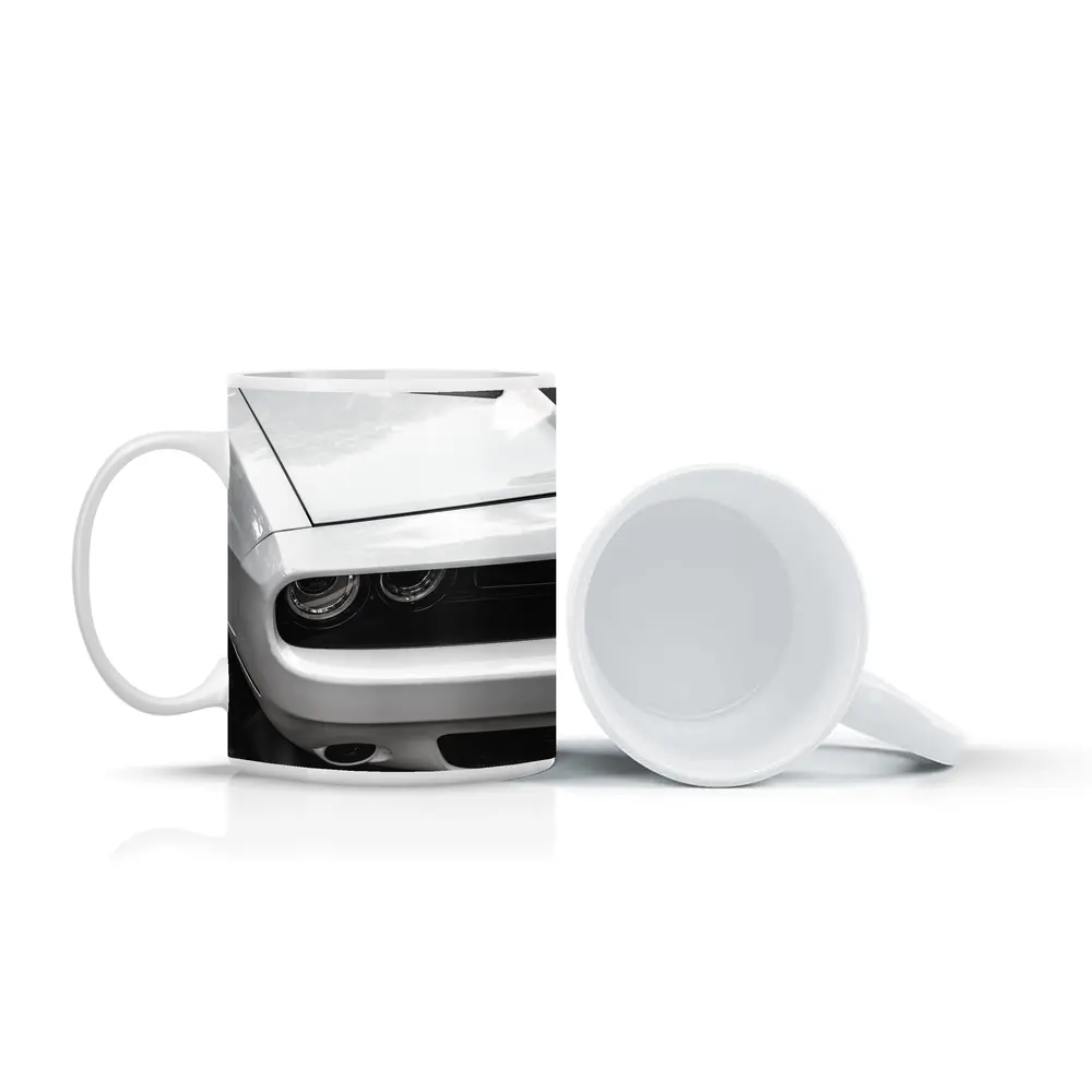 Dodge Challenger Front Close Up Black White – Mugs