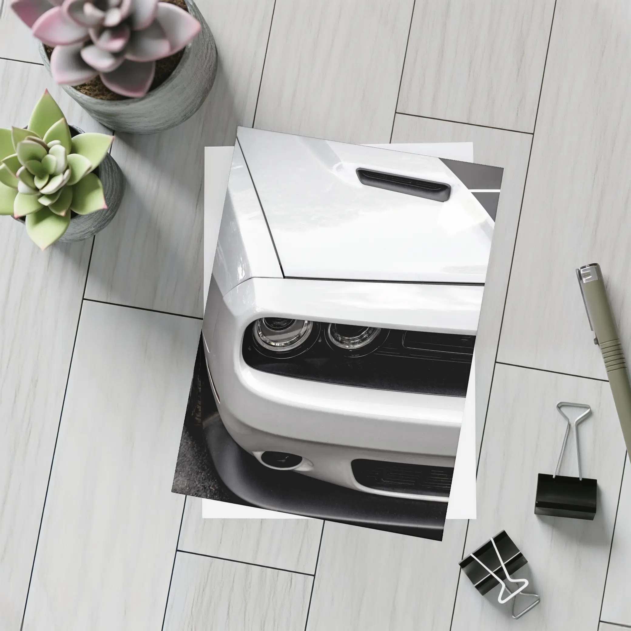Dodge Challenger Front Close Up Black White – Postcards