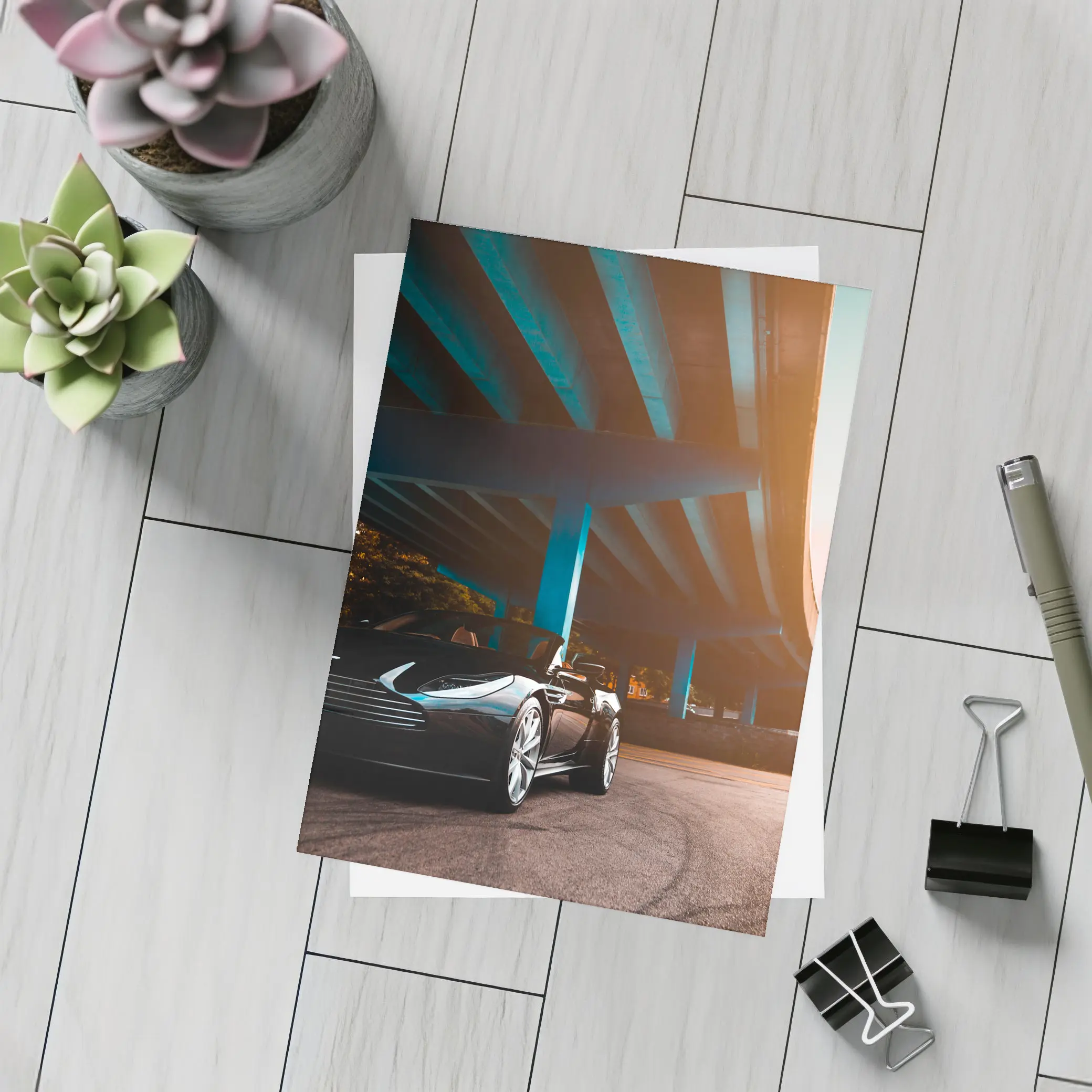 Aston Martin DB11 Under Urban Bridge Sunset – Postcards