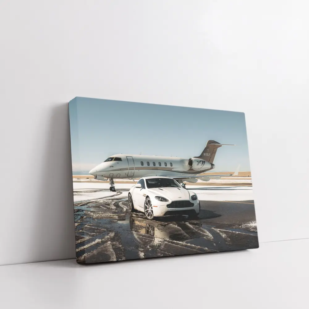 Aston Martin Vantage White Private Jet Tarmac – Wall Art