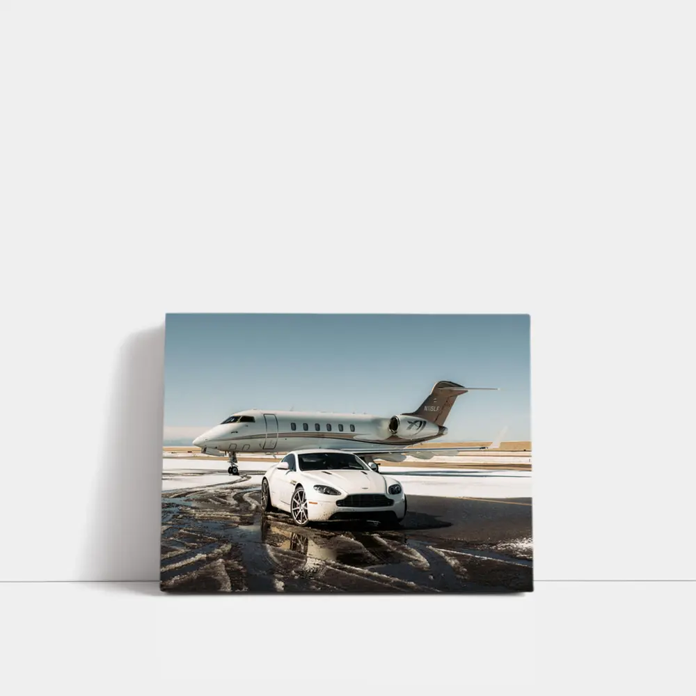 Aston Martin Vantage White Private Jet Tarmac – Wall Art